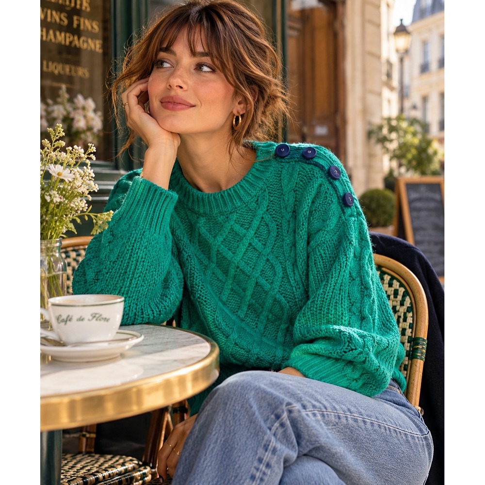 Sezane La Maille Green Merino Wool Cable Knit Button Shoulder Sweater XL